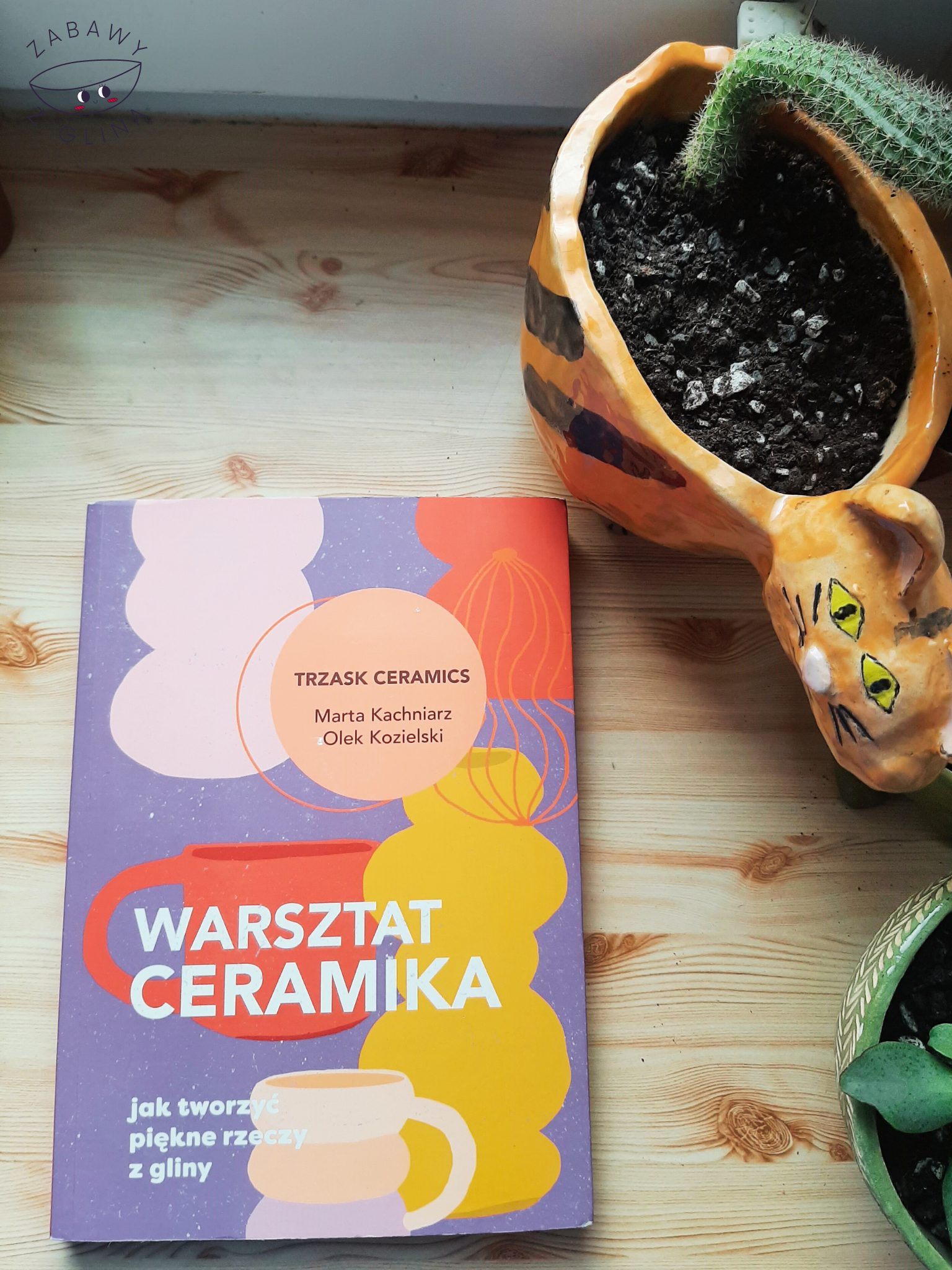 Książka "Warsztat ceramika" leżąca przy kwiatach w ceramicznych doniczkach.